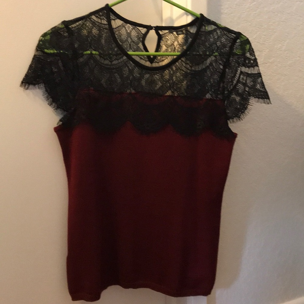 Ann Taylor burgundy top with black lace trim